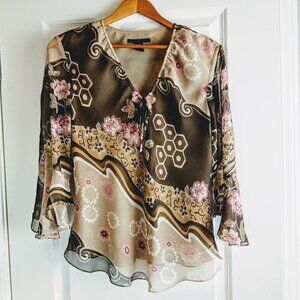 Anne Carson Brown Tan Pink Silk Flutter Sleeve Top